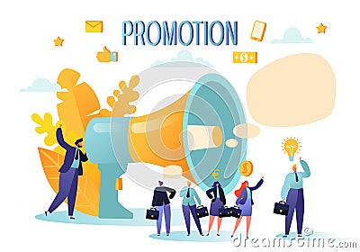 Concept of advertisement, marketing, promotion. Loudspeaker talking to the crowd. Vector Illustration