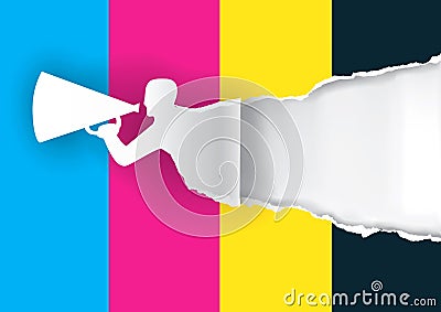 Promotion man ripping paper with print colors Vector Illustration