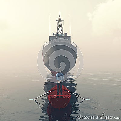 Man in a small boat in front of a ship Cartoon Illustration