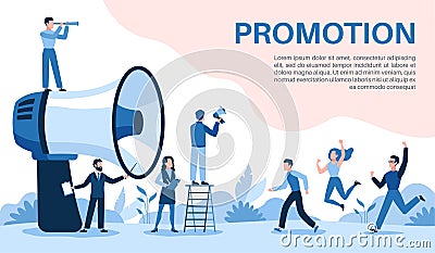 Promotion with megaphone. Big loudspeaker, promoter speaks people, attracts investors and businessmen, social media Vector Illustration