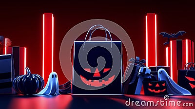 This promotional banner showcases an array of festive Halloween decorations, including spooky bags, pumpkins, and ghost Stock Photo