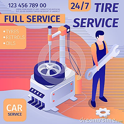 Promotional Banner for Tire Fitting Car Service Vector Illustration