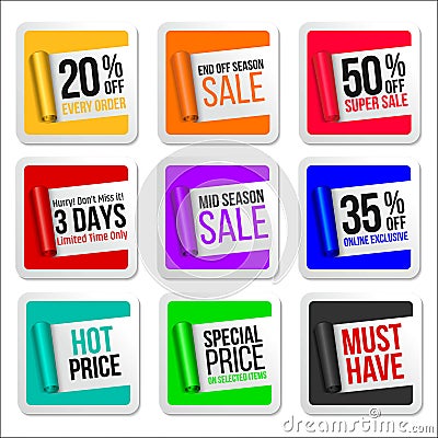Promotional Colorful Sale Stickers Collection. Scroll Paper. Vector Illustration