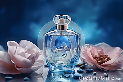 Promotional commercial photo of parfume bottle with blue flowers ai generated Stock Photo