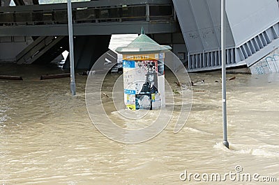Promotional cylinder under water - extraordinary flood, on Danube in Bratislava Editorial Stock Photo