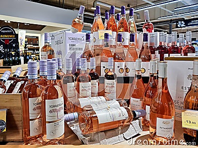 Promotional display with Torresella pinot grigio pink wine in the shopping mall in Riga Editorial Stock Photo