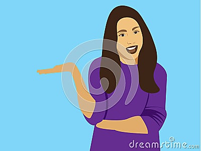 Promotional offerings concept. Beautiful redhead woman manager holding special offer on hand, looking at palm surprised Vector Illustration