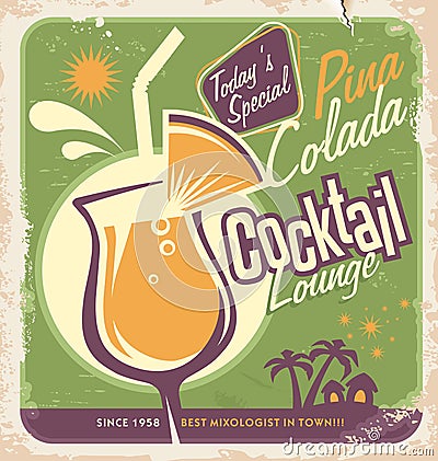 Promotional retro poster design for one of the most popular cocktails Pina Colada Vector Illustration