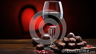 Promotional shot of glass of red wine, heart-shaped chocolates, valentine's day, glow, on a clean background Stock Photo