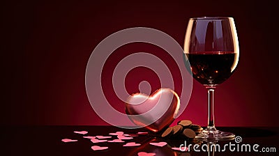 Promotional shot of glass of wine, heart-shaped chocolates, valentine's day, glow, on a clean background Stock Photo