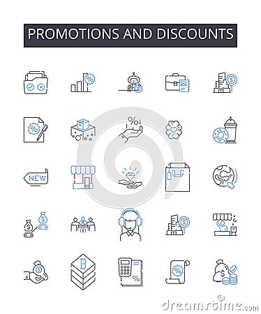 Promotions and discounts line icons collection. Sales offers, Special deals, Discount coupons, Bargain prices, Rebate Vector Illustration