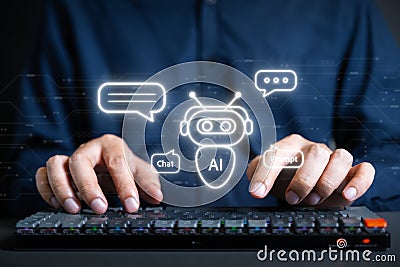 Prompt text, AI texting prompt on keyboard with smart Artificial Intelligence. Prompt text with AI, Immediate prompt Stock Photo