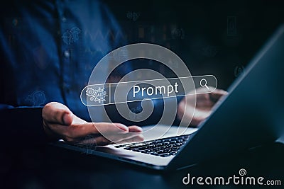 Prompt text, AI texting prompt on keyboard with smart Artificial Intelligence. Prompt text with AI, Immediate prompt Stock Photo