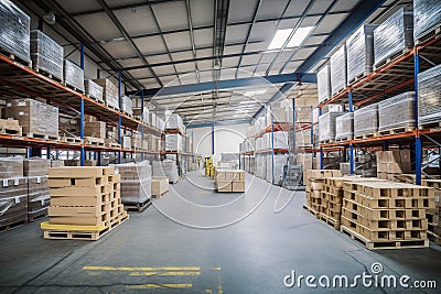 Prompt warehouse with lots of pallets, boxes, racking and forklift. Stock Photo