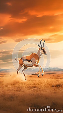 Pronghorn Antelope Leaping Across a Vast Plain. Generative ai Cartoon Illustration