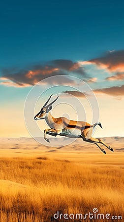 Pronghorn Antelope Leaping Across a Vast Plain. Generative ai Cartoon Illustration