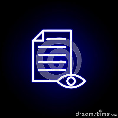 Proof reading, eye, page icon in neon style. Can be used for web, logo, mobile app, UI, UX Vector Illustration