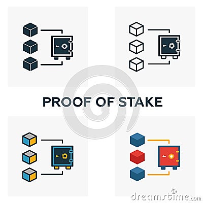 Proof Of Stake icon set. Four elements in diferent styles from blockchain icons collection. Creative proof of stake icons filled, Stock Photo