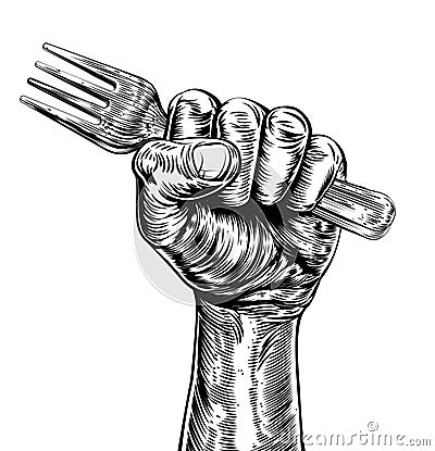 Propaganda Woodcut Fist Hand Holding Fork Vector Illustration