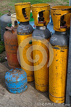 Gas and CO2 cylinders under pressure close up Editorial Stock Photo