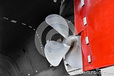 Propeller Close up and Repair Cargo ship in floating dry dock. Stock Photo