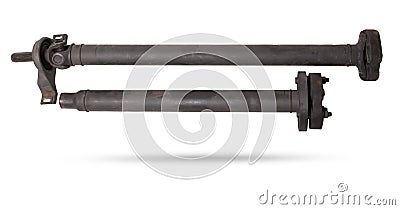 propeller shaft of a car with a steel rod, a sliding fork and an intermediate bearing for transmitting torque. Spare part for sale Stock Photo