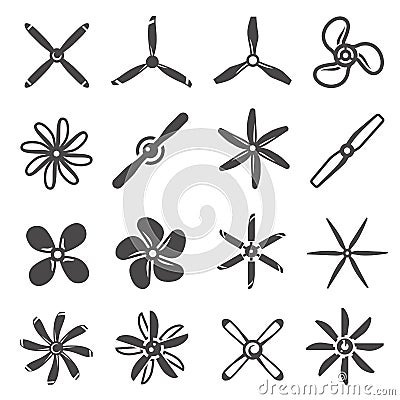 Propellers assortment black and white icons isolated set. Fans blowers pictograms collection Stock Photo