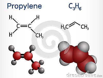 Propene, propylene molecule. Structural chemical formula, molecule model. Vector Illustration