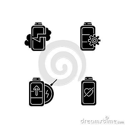 Proper battery usage black glyph icons set on white space Vector Illustration