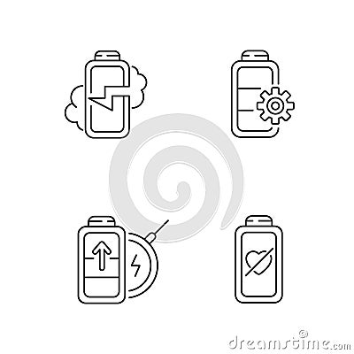 Proper battery usage linear icons set Vector Illustration