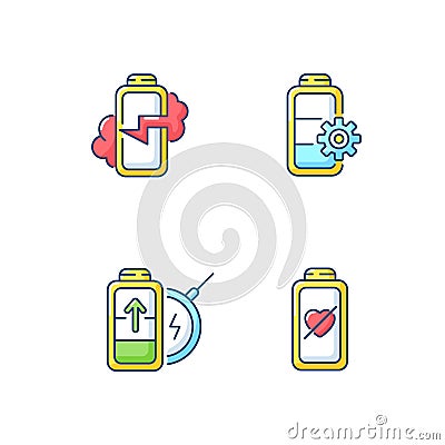 Proper battery usage RGB color icons set Vector Illustration