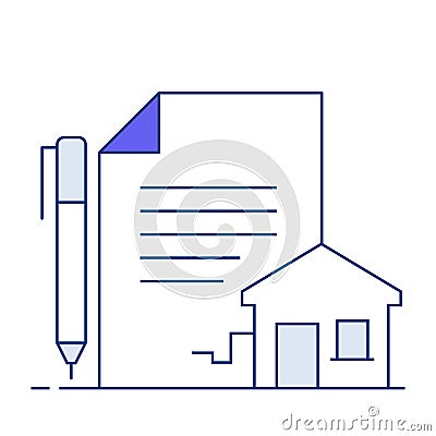 Property Agreement, Real Estate Contract. The contract icon featuring a document, house, and pen represents property agreements Vector Illustration