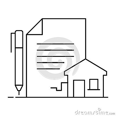 Property Agreement, Real Estate Contract. The contract icon featuring a document, house, and pen represents property agreements Vector Illustration