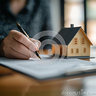 Property agreements Agent and model house, signing contracts, investment concepts Stock Photo