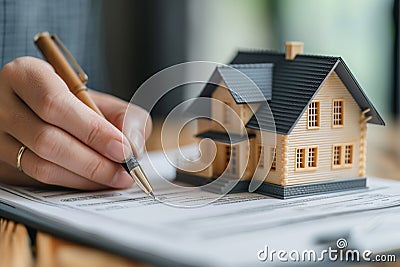 Property agreements Agent and model house, signing contracts, investment concepts Stock Photo