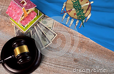 Property auction, flag Oklahoma, gavel wooden and model house on wooden background, lawyer of home real estate Stock Photo