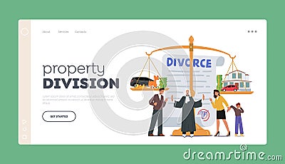 Property Division Landing Page Template. Family Conflict Concept With Husband, Wife And Kid Characters At Scales Vector Illustration