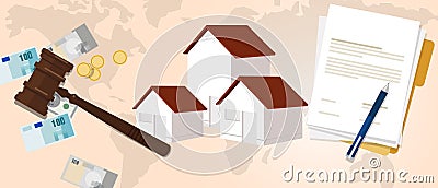 Property housing home law gavel wooden hammer justice legal judicial investment money Vector Illustration