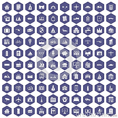 100 property icons hexagon purple Vector Illustration