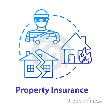 Property insurance concept icon. Home coverage. House robbery. Crime, theft. Weather disaster damage. Real estate idea Vector Illustration