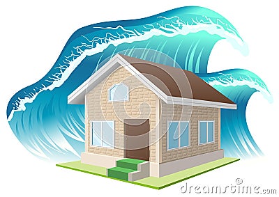 Property insurance. Flood. Wave washes away home Vector Illustration