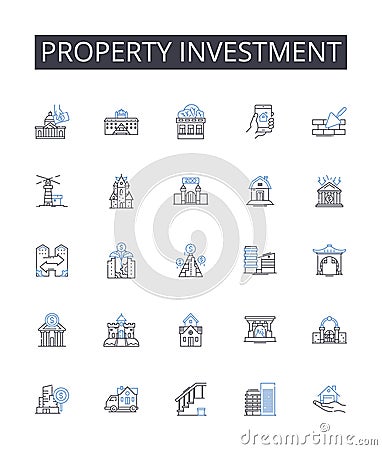 Property investment line icons collection. Real estate, Land purchase, Home buying, Asset acquisition, Investment Vector Illustration