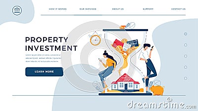 Property investment web template. Couple of investors await for generating profit from long-term investing. Rising Vector Illustration