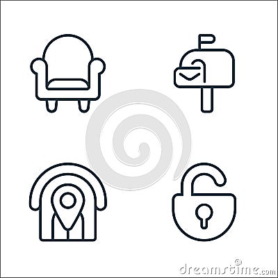 Property line icons. linear set. quality vector line set such as open padlock, house, mailbox Vector Illustration