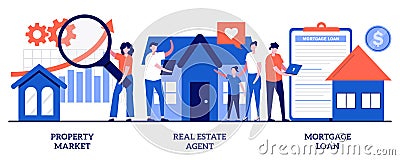 Property market, real estate agent, mortgage loan concept with tiny people. Buying property vector illustration set. New apartment Cartoon Illustration