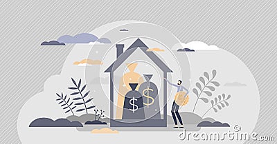 Property tax or financial house debt with business loan tiny person concept Vector Illustration