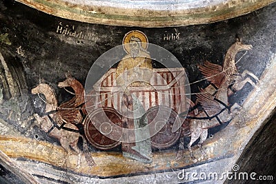 Prophet Elijah going up to heaven, fresco in the Saint Naum Monastery near Ohrid in Macedonia Stock Photo