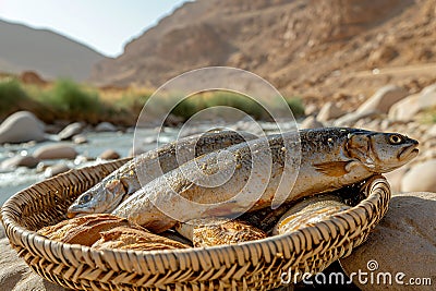 Prophet with Five Loaves and Two Fish. Biblical Story about God Creating Miracle Stock Photo