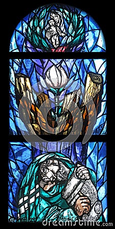 The prophet Isaiah, stained glass window in St. James church in Hohenberg, Germany Stock Photo