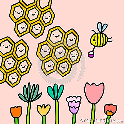 Propolis honey hand drawn vector illustration in cartoon comic style bee gathering nectar flowers blooming Cartoon Illustration
